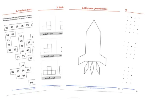 Tablero con números y dibujos para construir. Incluye piezas con números, vistas frontales de bloques y un cohete. Ideal para actividades de **dibujos con números**.
