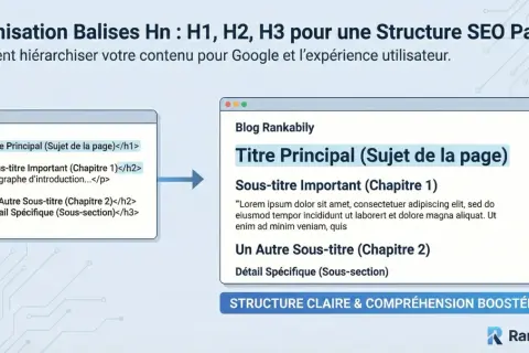 Exemple de code html montrant l'utilisation des balises Hn (H1, H2, H3) pour structurer un contenu de blog, optimisant ainsi le SEO.