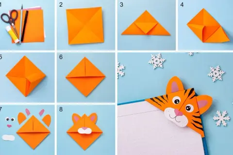 Tutorial per lavoretti per migliori amiche facili: crea un segnalibro tigre con origami. Passaggi 1-8 mostrano come piegare la carta e aggiungere i dettagli.