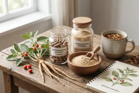Ashwagandha na co? Frische Pflanze, Kapseln, Pulver und Tee auf Holztisch. Notizbuch zeigt Withania somnifera.