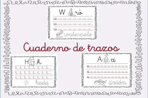 Cuaderno de trazos para grafomotricidad letras W, H y A. Ejercicios para practicar la escritura de vocales y consonantes.