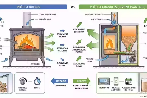 Comparaison d'un poêle à bûches et d'un poêle à granulés, mettant en avant l'efficacité et l'autonomie du poêle à granulés, une alternative moderne au poêle à bûches.
