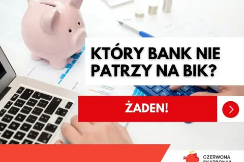 Kredyt bez historii kredytowej? Żaden bank nie patrzy na BIK, bo to niemożliwe. Świnka skarbonka i laptop sugerują finansowe rozterki.