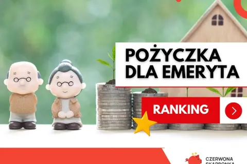 Figurki emerytów obok stosów monet i domku. Napis "Pożyczka dla emeryta" i "Ranking". Szukasz pozyczka bez bik?