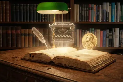 Otwarta księga, pióro, maszyna do pisania i medal Nobla na tle biblioteczki.