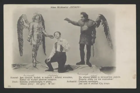 Gustaw klęczy przed aniołem i rycerzem. Scena z "Dziadów" Adama Mickiewicza.