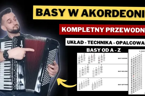 Akordeonista pokazuje układ basów w akordeonie, wyjaśniając różne rodzaje basów, np. basy durowe, molowe i septymowe.