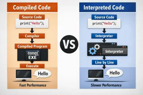 Comparaison entre code compilé et code interprété. Le langage interprété exécute le code ligne par ligne, offrant une flexibilité accrue.