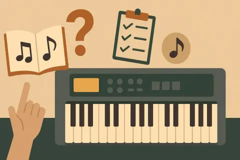 Ręka wskazuje na nuty w książce obok instrumentów klawiszowych. Czy to początek nauki gry?