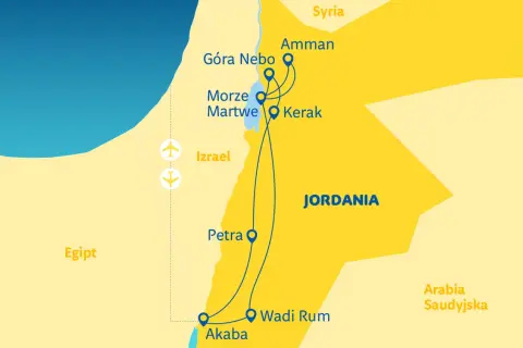 Mapa pokazuje, gdzie leży Jordania, z zaznaczonymi miastami: Amman, Kerak, Petra, Wadi Rum i Akaba. Obok Izrael i Egipt.