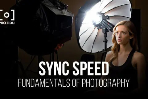 A woman poses in a studio with lighting equipment. Text reads "SYNC SPEED FUNDAMENTALS OF PHOTOGRAPHY.