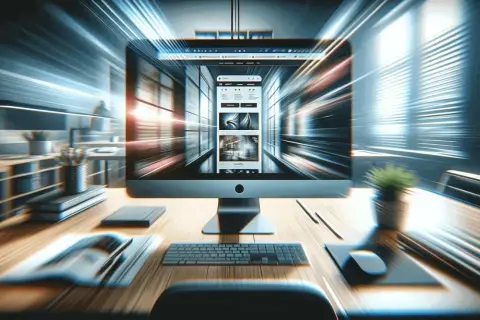 Biurko z komputerem, klawiaturą i myszką. Efekt motion blur sugeruje szybkie tempo pracy lub podróż w cyfrowym świecie.