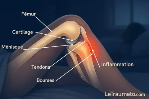 Anatomie du genou montrant l'inflammation interne, le cartilage, le ménisque et les tendons. Aide à comprendre comment soigner douleur genou interne.