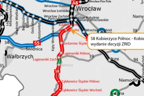 Mapa drogowa Dolnego Śląska z zaznaczonymi drogami S3, S5, S8 i A8. Widać m.in. Wrocław, Wałbrzych, Świdnicę, Legnicę i Opole. Wyróżniono odcinek S8 Kobierzyce Północ - Kobierzyce Południe.