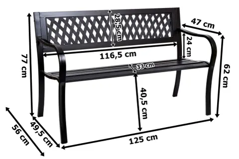 Czarna ławka ogrodowa z wymiarami: wysokość 77 cm, długość 116,5 cm, szerokość 49,5 cm.