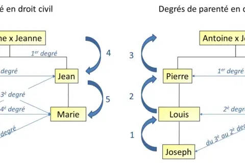 Schémas comparant les degrés de parenté en droit civil et canonique, illustrant les liens au sein d'un noyau familial.