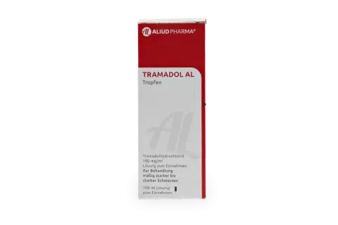 Opakowanie leku Tramadol AL Tropfen, 100 mg/ml, 100 ml. Pomaga na umiarkowany i silny ból.
