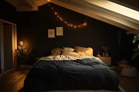 Gemütliches Schlafzimmer dunkel streichen: Dunkle Wände, Lichterkette, Pflanzen und ein einladendes Bett schaffen eine Oase der Ruhe.