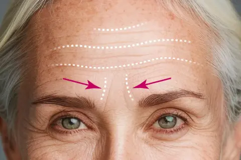 Primo piano del volto di una donna anziana con evidenti rughe sulla fronte, evidenziate da linee tratteggiate bianche e frecce rosa.