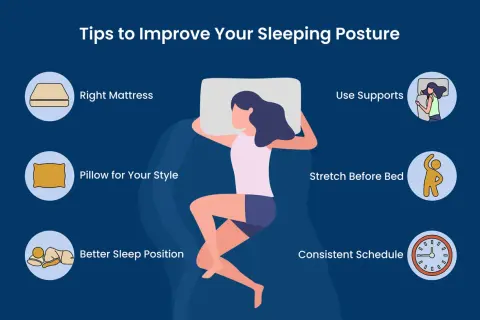Tips to improve your sleeping posture: right mattress, pillow, supports, stretching, better sleep position, and consistent schedule.