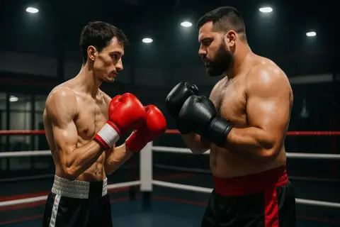 Two boxers face off in a ring. One is lean with red gloves, the other a super heavyweight with black gloves, ready for a powerful bout.