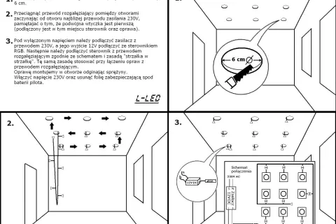 Instrukcja montażu oprawy halogenowej szklanej z podświetleniem LED. Pokazano wycinanie otworów, podłączanie zasilania i sterownika RGB.