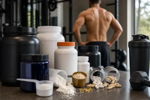 Varietà di integratori durante allenamento: barattoli di proteine in polvere, capsule e pillole, con un uomo muscoloso sullo sfondo.