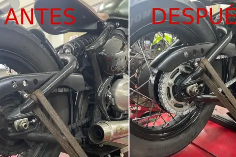 Comparativa del mantenimiento de la cadena de moto: antes y después. Se aprecia la limpieza y lubricación de la cadena, lista para rodar.