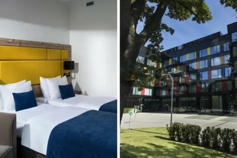Przytulne pokoje hotelowe z żółtym zagłówkiem i nowoczesny budynek hotelu z kolorowymi oknami.