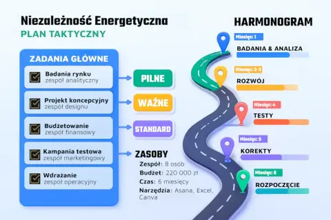 Plan taktyczny "Niezależność Energetyczna" z zadaniami, zasobami i harmonogramem. Wskazuje intencję projektową i etapy realizacji.