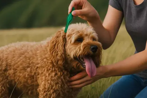 Persona aplica pipeta Advantix a su perro. Es importante aplicarla correctamente, incluso cuando no se baña al perro.