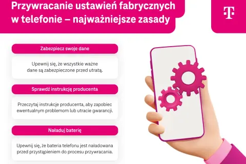Przywracanie ustawień fabrycznych telefonu: zabezpiecz dane, sprawdź instrukcje, naładuj baterię. Ikony kół zębatych na ekranie smartfona.