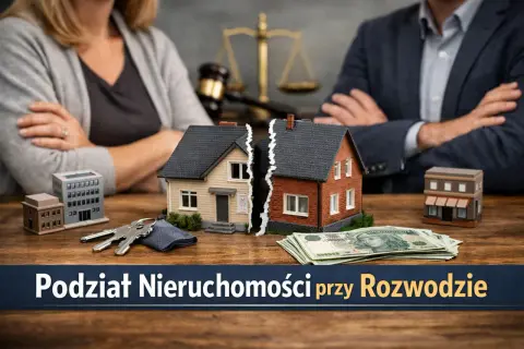 Symboliczny podział mieszkania po rozwodzie: rozdzielony dom, klucze, pieniądze i waga sprawiedliwości.