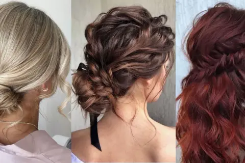 Peinados para ir de fiesta: moño bajo rubio, recogido castaño con cinta negra y melena rojiza con trenza.