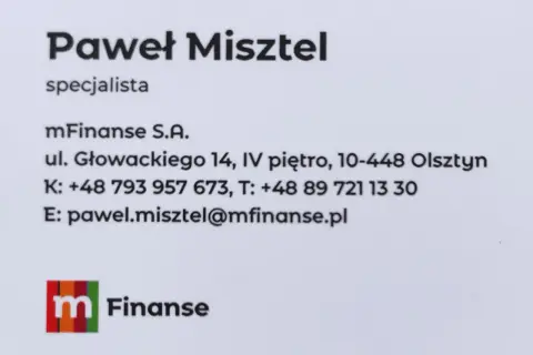 Wizytówka: Paweł Misztel, specjalista mFinanse S.A., Olsztyn.