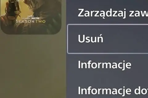 Fragment menu konsoli PS5 z opcją "Usuń" gry.