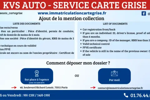 KVS Auto, spécialiste des cartes grises, vous aide pour l'ajout de la mention collection sur votre voiture de collection age. Documents requis et démarches expliqués.