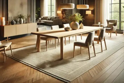 En ljus matta under matbordet ger en varm och inbjudande känsla. Perfekt matta under matbord inspiration för ett modernt hem.