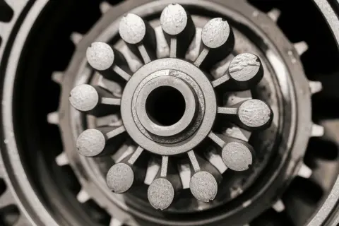 Gros plan d'une pièce mécanique complexe, peut-être une roue dentée ou un moyeu, évoquant une fuite de joint spi boîte de vitesse.