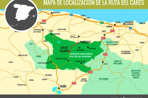 Mapa de la Ruta del Cares, mostrando su inicio en Caín de Valdeón y el Parque Nacional Picos de Europa.