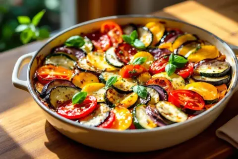 Un tian de légumes coloré, avec des rondelles d'aubergine, de courgette et de tomate disposées en spirale, garni de feuilles de basilic frais.