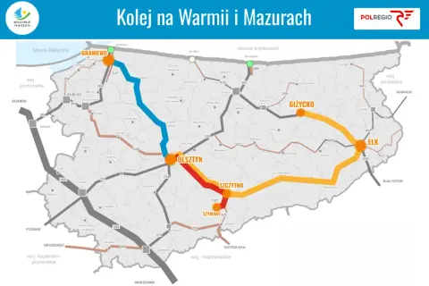 Mapa kolejowa Warmii i Mazur pokazuje połączenia między Olsztynem, Ełkiem, Giżyckiem i Braniewem, z zaznaczonymi trasami i miastami.