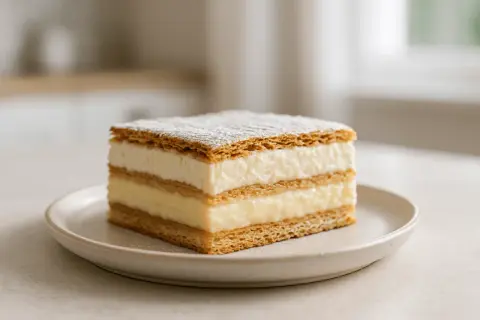 Pyszne ciasto 3 bit z mascarpone i budyniem, posypane cukrem pudrem, na talerzyku.