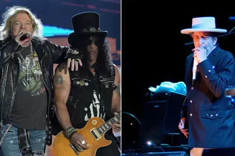 Axl Rose i Slash z Guns N' Roses wykonują "Knockin' on Heaven's Door". Obok Bob Dylan.