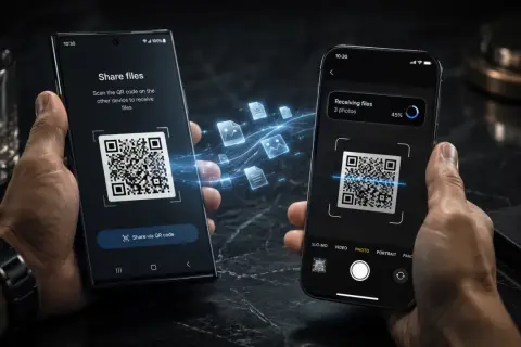 Dwa telefony, jeden udostępnia pliki przez QR kod, drugi je odbiera. Szybkie udostępnianie danych, jak tethering, bez kabli.