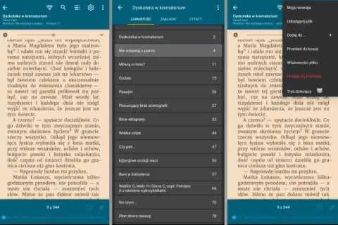 Darmowa aplikacja do czytania książek. Widok biblioteki z okładkami i tytułami, a także ekran czytnika z tekstem i ustawieniami.