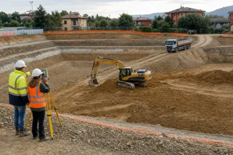 Operai supervisionano uno scavo a sezione ristretta con escavatore e camion.