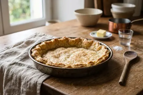 Tarte dorée sur une table en bois, sa pâte brisée croustillante prête à être garnie. Du beurre, du sel et de l'eau sont disposés à côté.