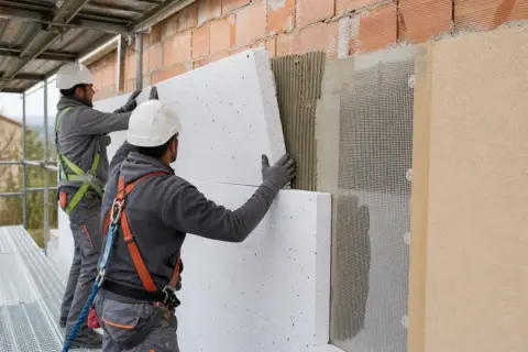 Operai in cantiere applicano pannelli per l'isolamento esterno di un edificio, migliorando l'efficienza energetica.