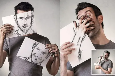 Sébastien Del Grosso joue avec son art, cachant son visage derrière des croquis de lui-même, une main dessinée sortant du papier.